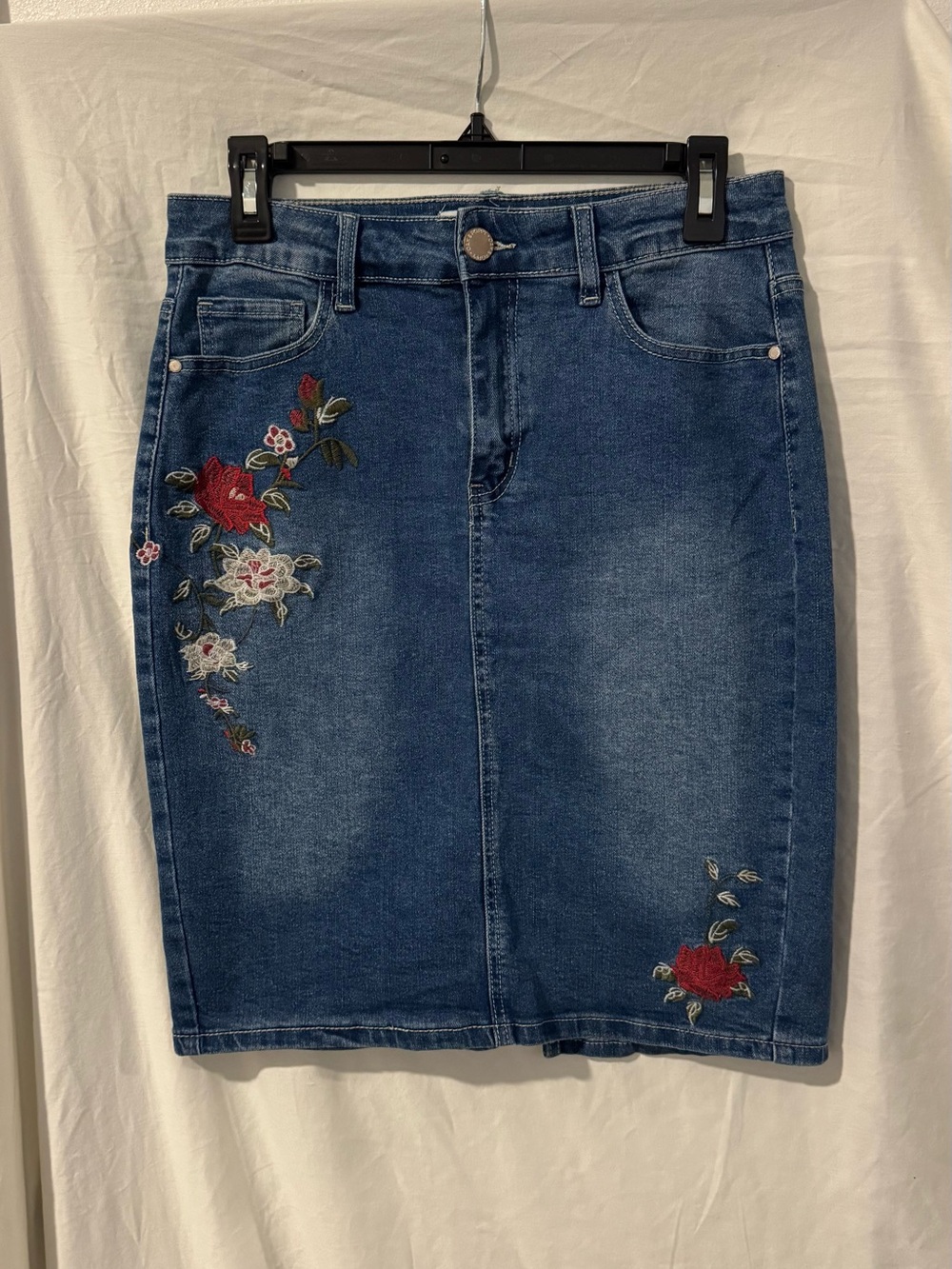 Oak & Poppy Embroidered Dark Blue Denim Pencil Skirt